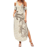 Beige Hawaii Family Matching Summer Maxi Dress and Hawaiian Shirt Hammerhead Shark Tattoo Curve Polynesian LT14 Mom's Dress Beige - Polynesian Pride