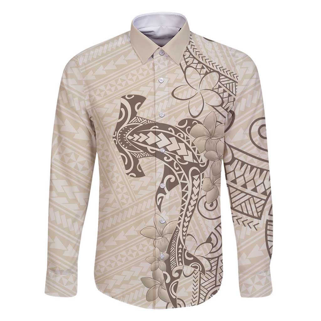 Beige Hawaii Family Matching Tank Maxi Dress and Hawaiian Shirt Hammerhead Shark Tattoo Curve Polynesian LT14 Dad's Shirt - Long Sleeve Beige - Polynesian Pride