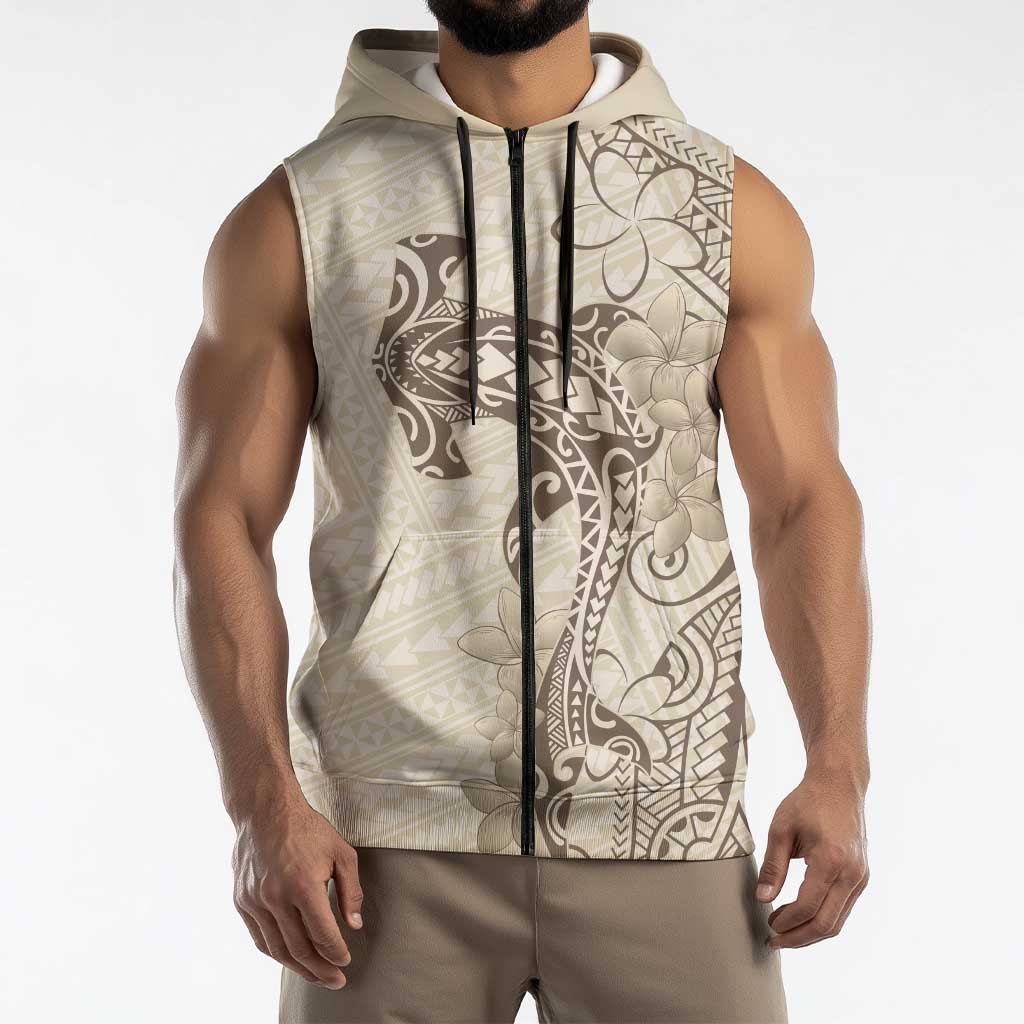 Beige Hawaii Sleeveless Zip Hoodie Hammerhead Shark Tattoo Curve Polynesian LT14