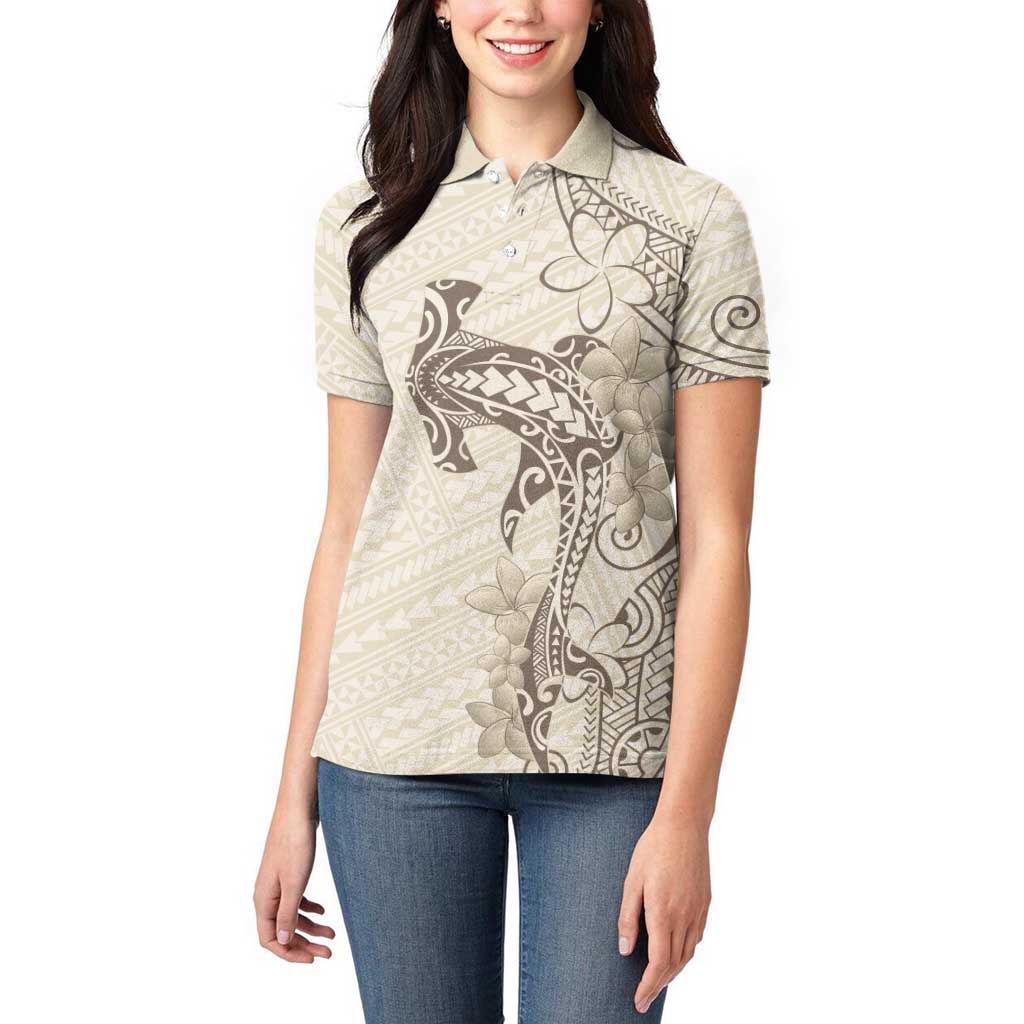 Beige Hawaii Women Polo Shirt Hammerhead Shark Tattoo Curve Polynesian - Polynesian Pride