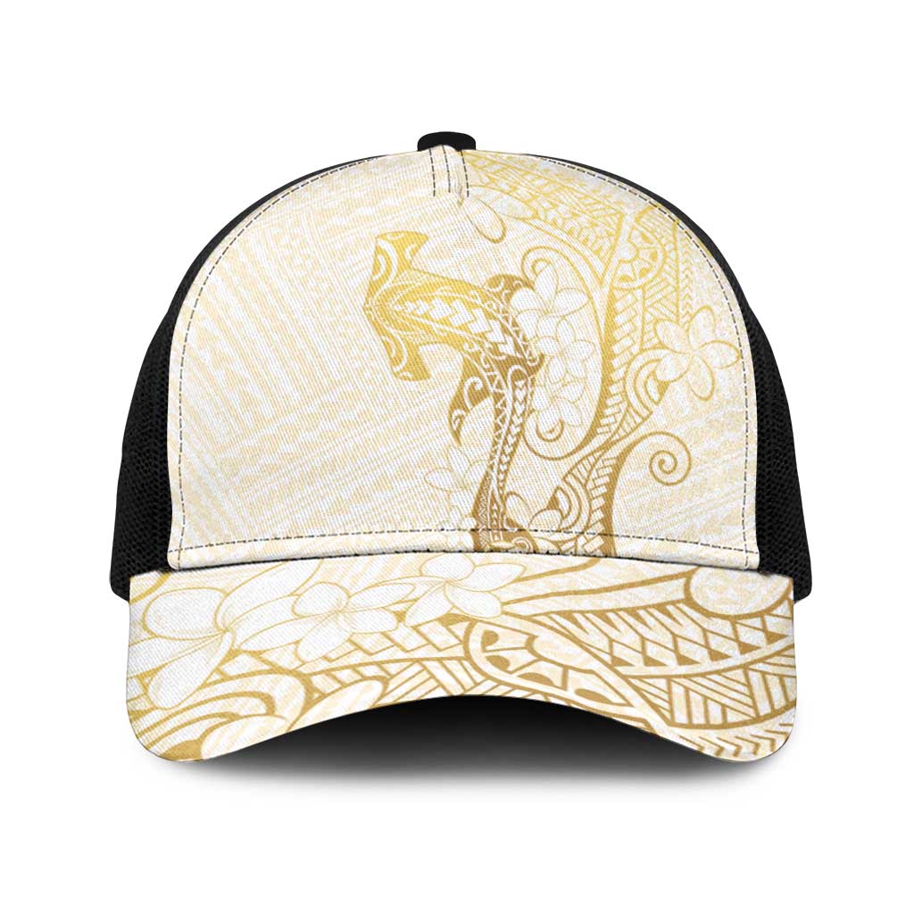 Gold and White Hawaii Baseball Net Cap Hammerhead Shark Tattoo Curve Polynesian - Polynesian Pride