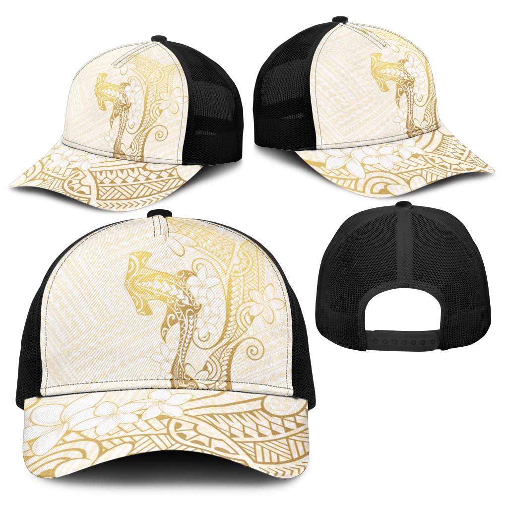 Gold and White Hawaii Baseball Net Cap Hammerhead Shark Tattoo Curve Polynesian - Polynesian Pride