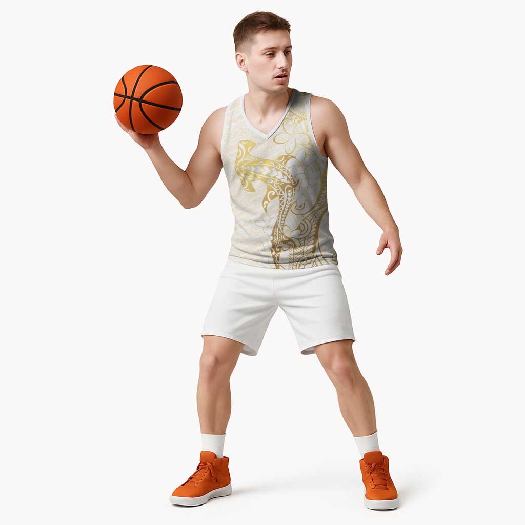 Gold and White Hawaii Basketball Jersey Hammerhead Shark Tattoo Curve Polynesian - Polynesian Pride