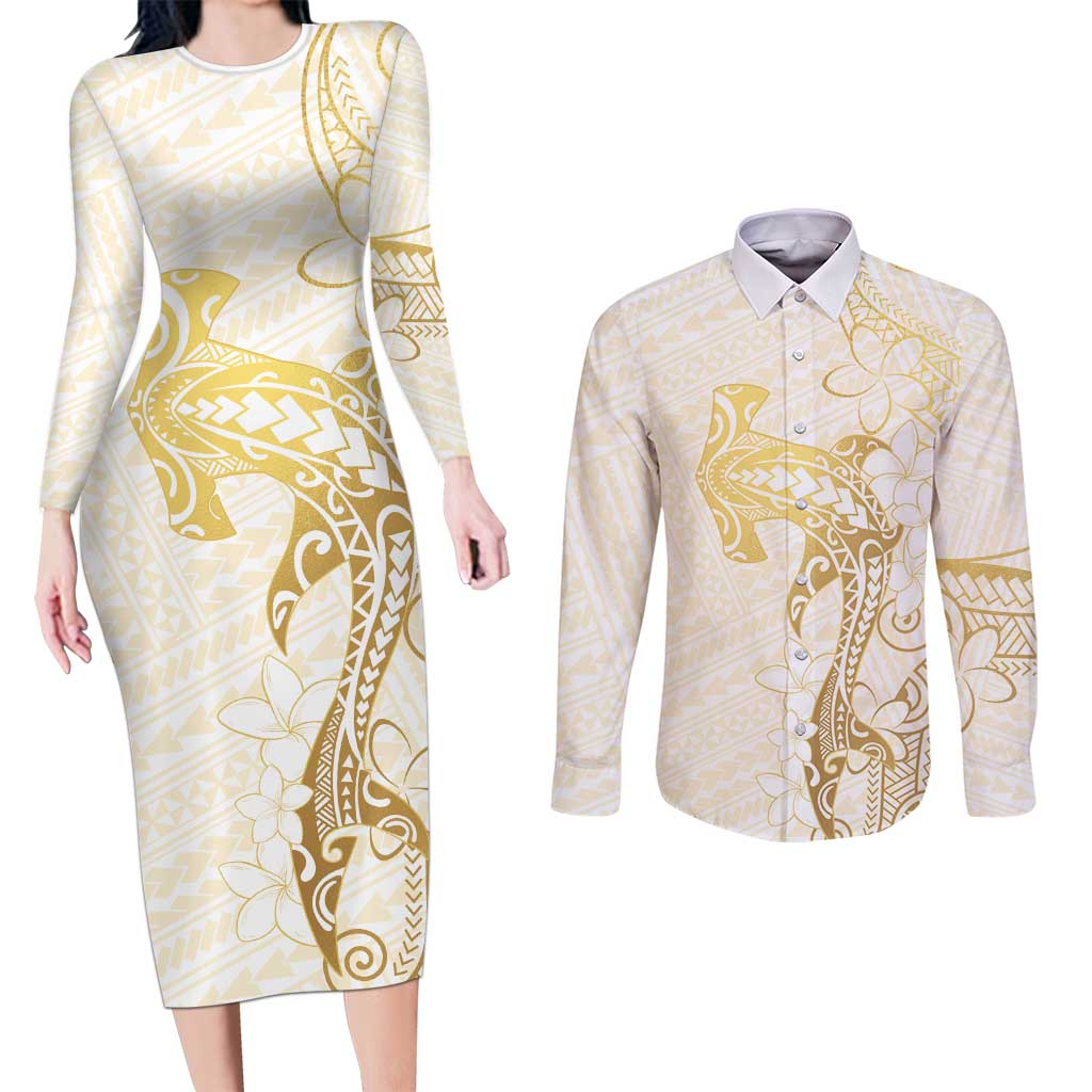Gold and White Hawaii Couples Matching Long Sleeve Bodycon Dress and Long Sleeve Button Shirt Hammerhead Shark Tattoo Curve Polynesian LT14 White - Polynesian Pride