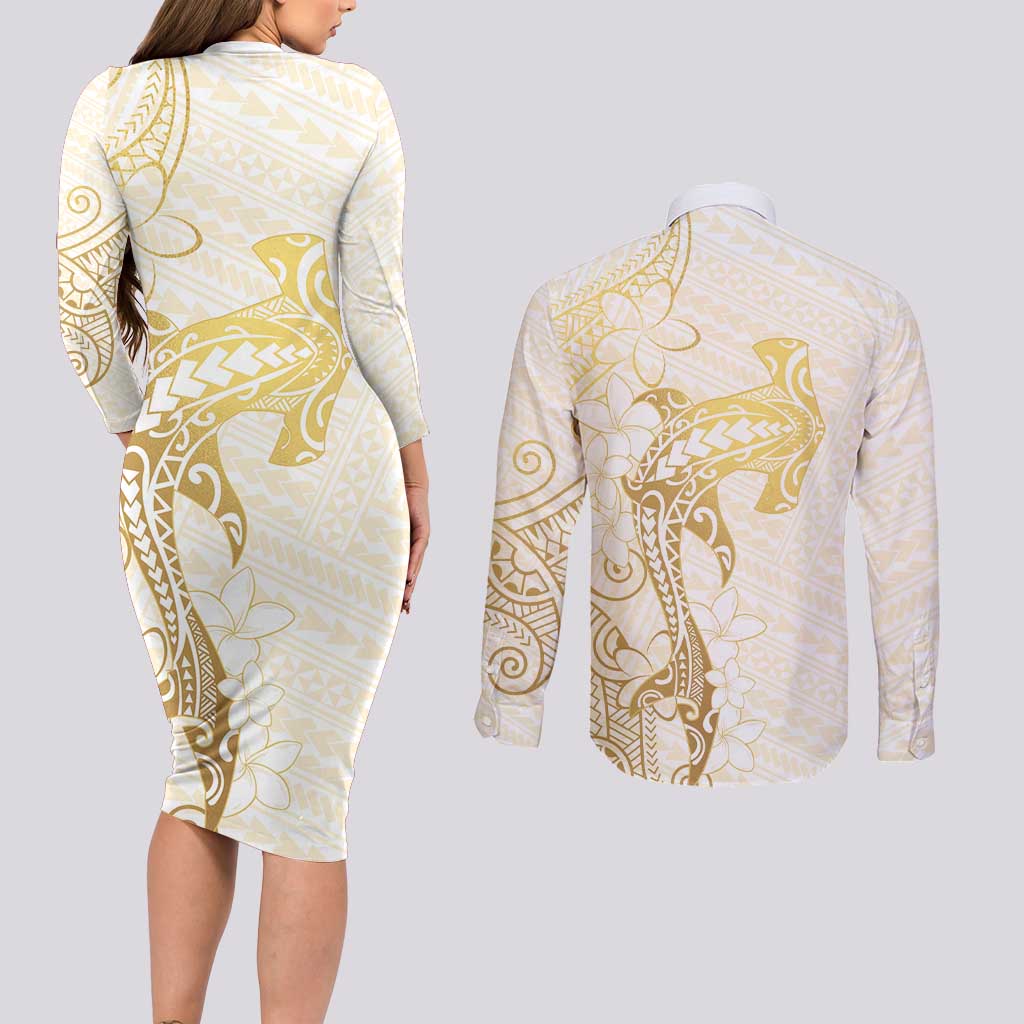 Gold and White Hawaii Couples Matching Long Sleeve Bodycon Dress and Long Sleeve Button Shirt Hammerhead Shark Tattoo Curve Polynesian LT14 - Polynesian Pride