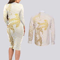 Gold and White Hawaii Couples Matching Long Sleeve Bodycon Dress and Long Sleeve Button Shirt Hammerhead Shark Tattoo Curve Polynesian LT14 - Polynesian Pride