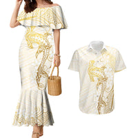 Gold and White Hawaii Couples Matching Mermaid Dress and Hawaiian Shirt Hammerhead Shark Tattoo Curve Polynesian LT14 White - Polynesian Pride