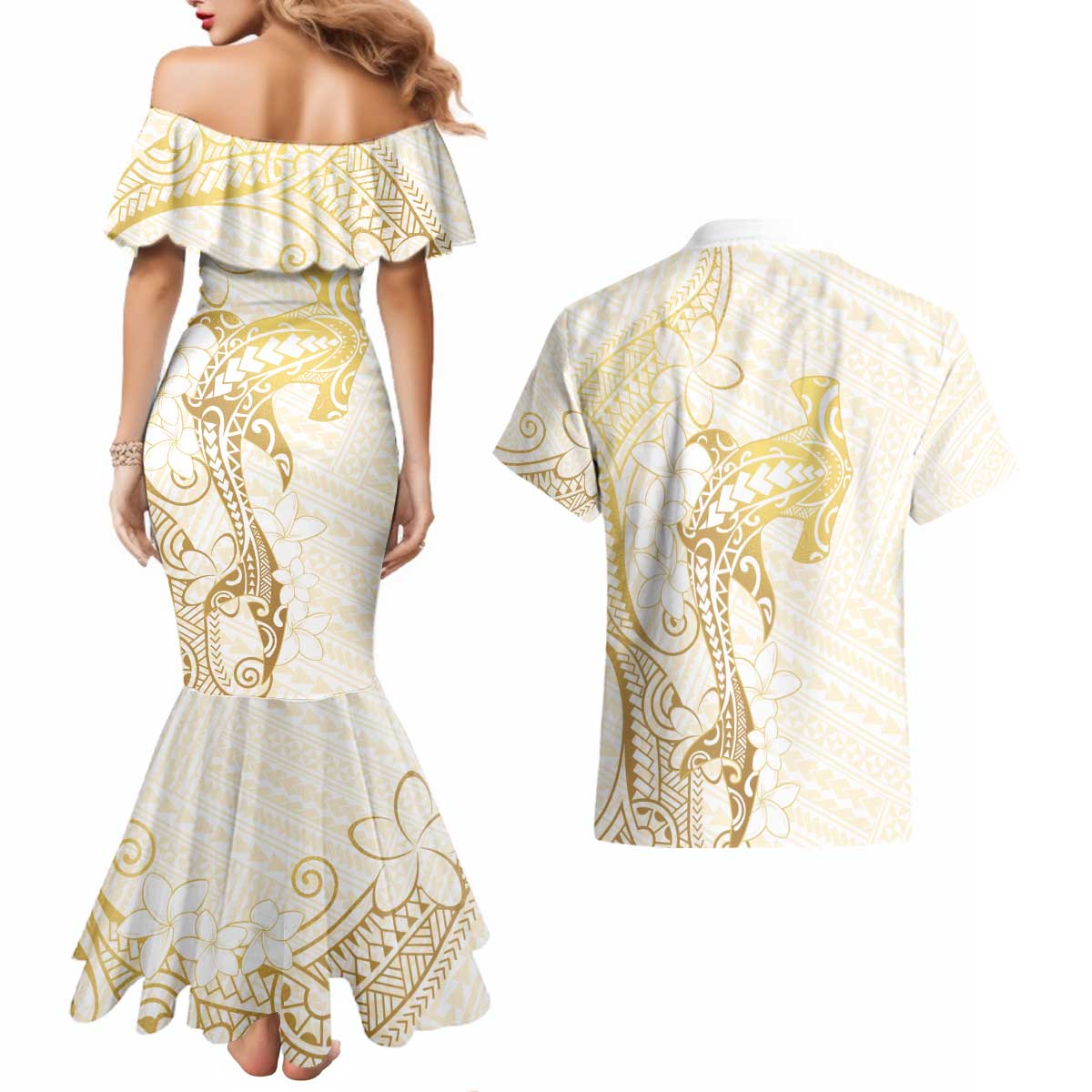 Gold and White Hawaii Couples Matching Mermaid Dress and Hawaiian Shirt Hammerhead Shark Tattoo Curve Polynesian LT14 - Polynesian Pride