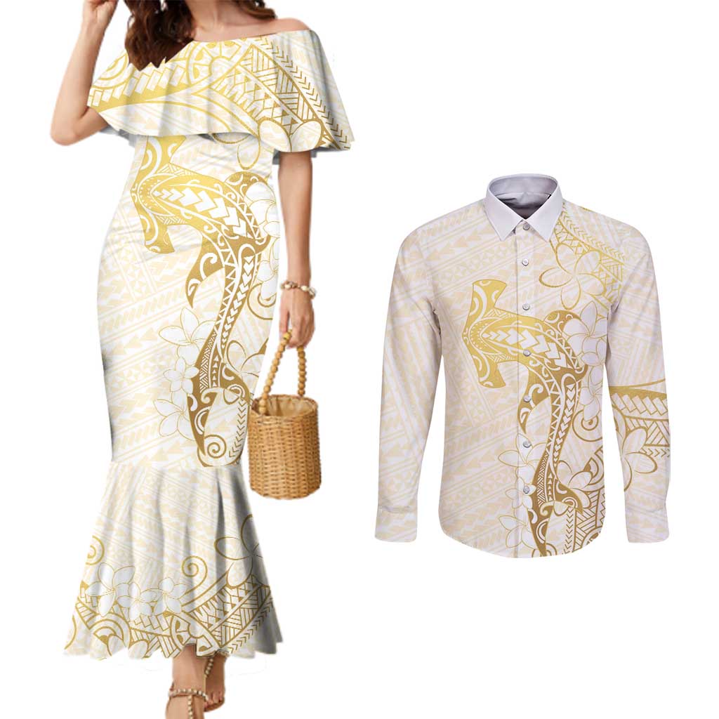 Gold and White Hawaii Couples Matching Mermaid Dress and Long Sleeve Button Shirt Hammerhead Shark Tattoo Curve Polynesian LT14 White - Polynesian Pride