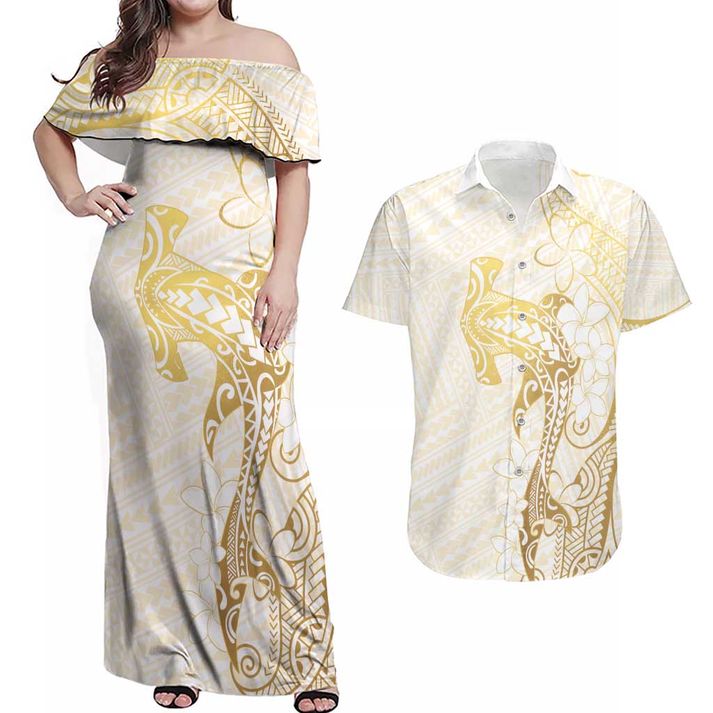 Gold and White Hawaii Couples Matching Off Shoulder Maxi Dress and Hawaiian Shirt Hammerhead Shark Tattoo Curve Polynesian LT14 White - Polynesian Pride