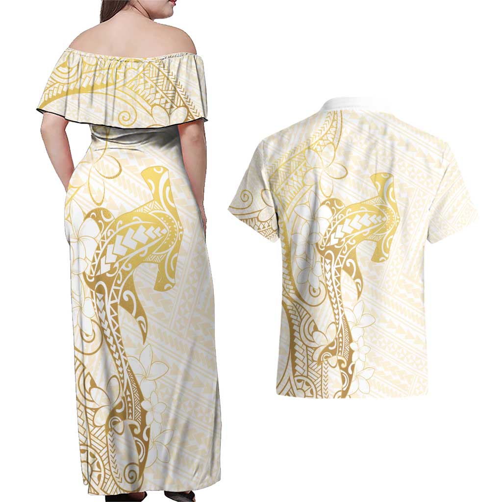 Gold and White Hawaii Couples Matching Off Shoulder Maxi Dress and Hawaiian Shirt Hammerhead Shark Tattoo Curve Polynesian LT14 - Polynesian Pride