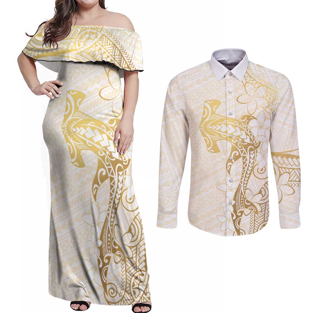 Gold and White Hawaii Couples Matching Off Shoulder Maxi Dress and Long Sleeve Button Shirt Hammerhead Shark Tattoo Curve Polynesian LT14 White - Polynesian Pride