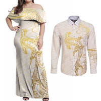Gold and White Hawaii Couples Matching Off Shoulder Maxi Dress and Long Sleeve Button Shirt Hammerhead Shark Tattoo Curve Polynesian LT14 White - Polynesian Pride