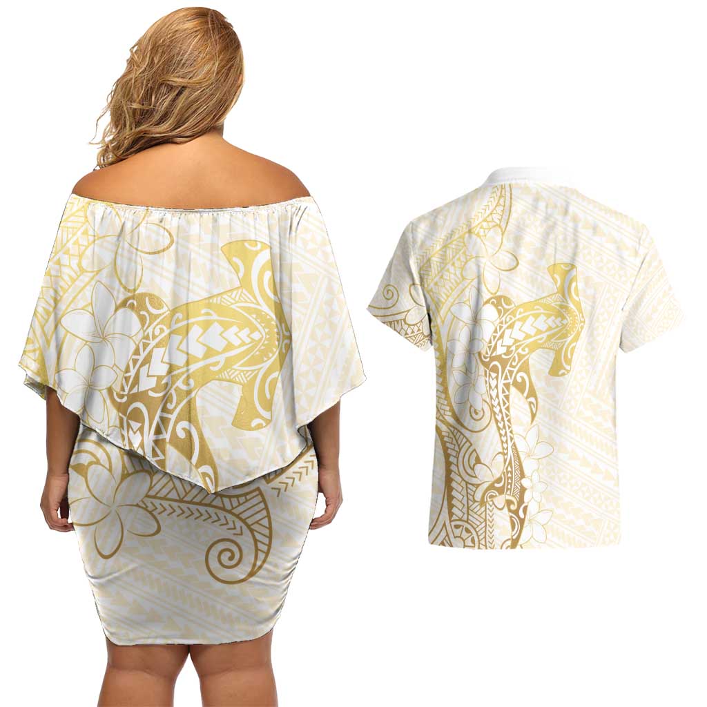 Gold and White Hawaii Couples Matching Off Shoulder Short Dress and Hawaiian Shirt Hammerhead Shark Tattoo Curve Polynesian LT14 - Polynesian Pride