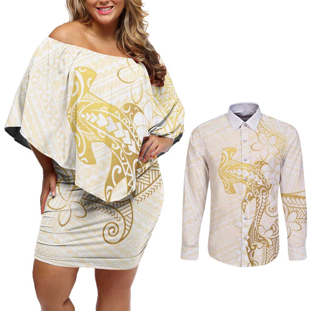 Gold and White Hawaii Couples Matching Off Shoulder Short Dress and Long Sleeve Button Shirt Hammerhead Shark Tattoo Curve Polynesian LT14 White - Polynesian Pride