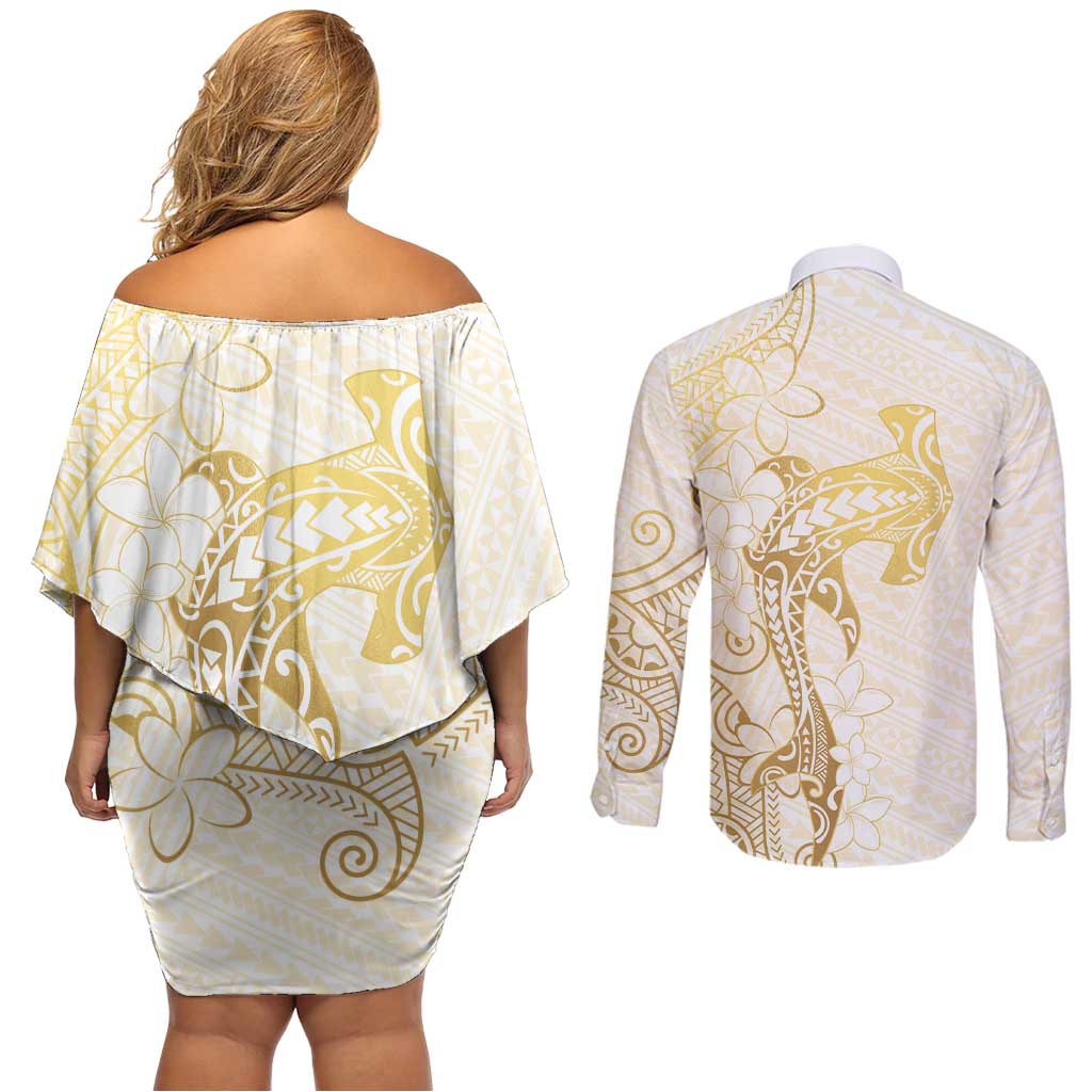 Gold and White Hawaii Couples Matching Off Shoulder Short Dress and Long Sleeve Button Shirt Hammerhead Shark Tattoo Curve Polynesian LT14 - Polynesian Pride