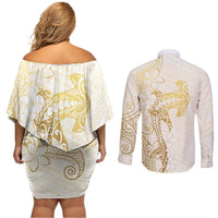 Gold and White Hawaii Couples Matching Off Shoulder Short Dress and Long Sleeve Button Shirt Hammerhead Shark Tattoo Curve Polynesian LT14 - Polynesian Pride