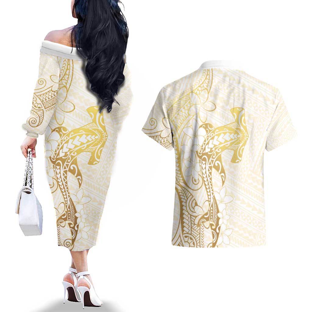 Gold and White Hawaii Couples Matching Off The Shoulder Long Sleeve Dress and Hawaiian Shirt Hammerhead Shark Tattoo Curve Polynesian LT14 - Polynesian Pride