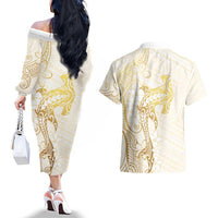 Gold and White Hawaii Couples Matching Off The Shoulder Long Sleeve Dress and Hawaiian Shirt Hammerhead Shark Tattoo Curve Polynesian LT14 - Polynesian Pride