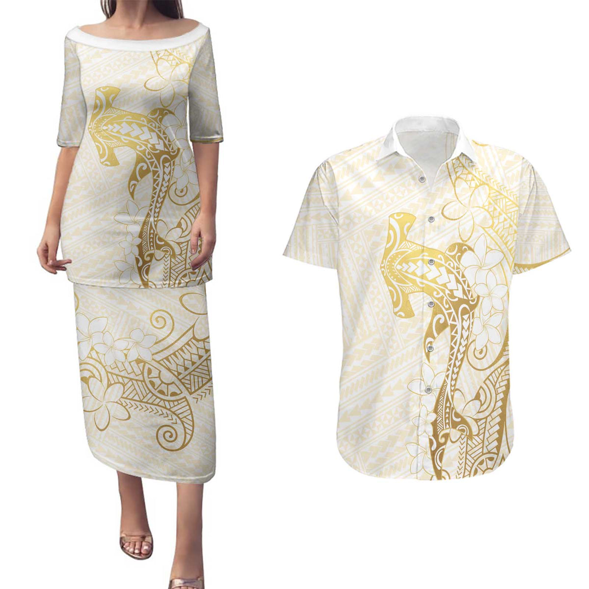 Gold and White Hawaii Couples Matching Puletasi and Hawaiian Shirt Hammerhead Shark Tattoo Curve Polynesian LT14 White - Polynesian Pride