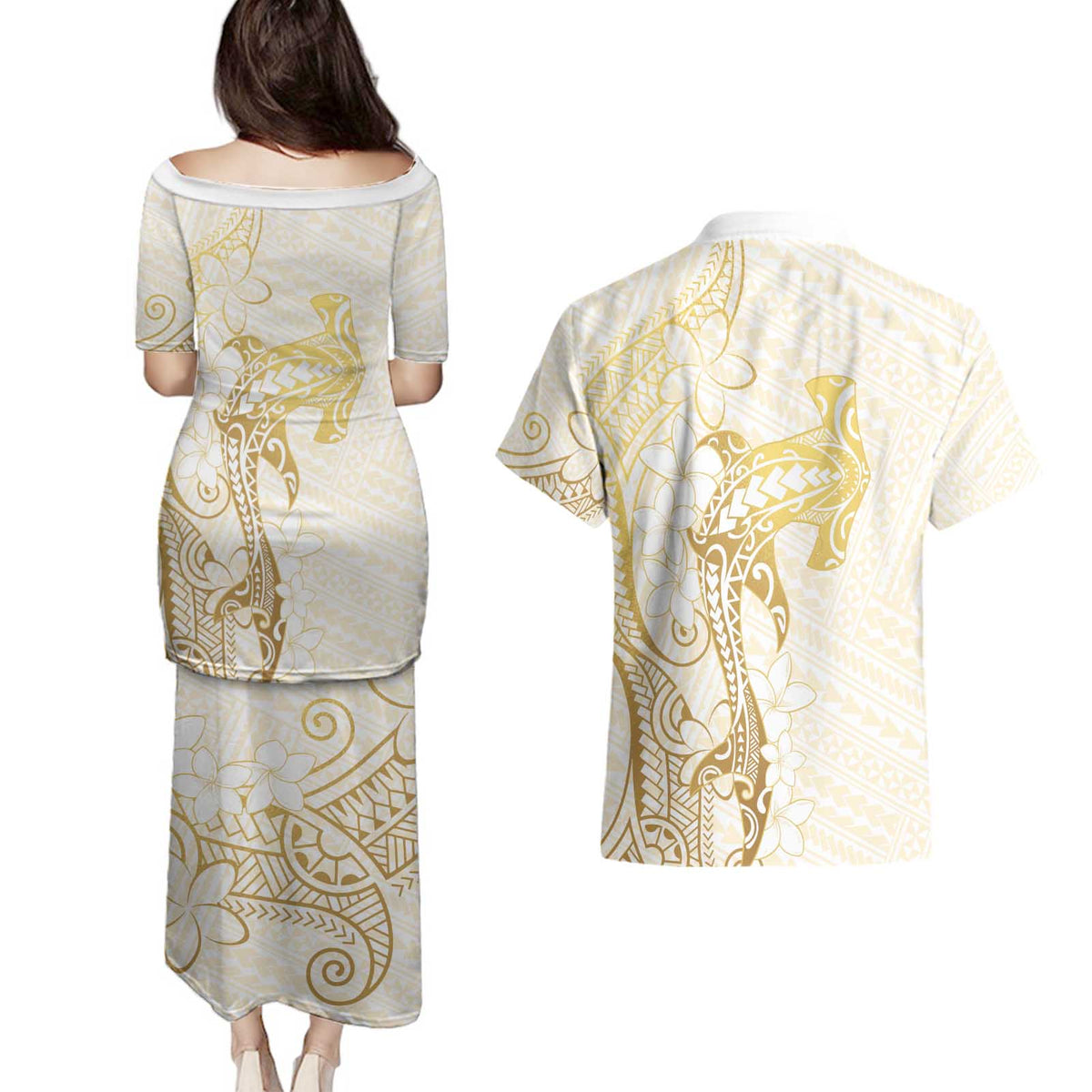 Gold and White Hawaii Couples Matching Puletasi and Hawaiian Shirt Hammerhead Shark Tattoo Curve Polynesian LT14 - Polynesian Pride