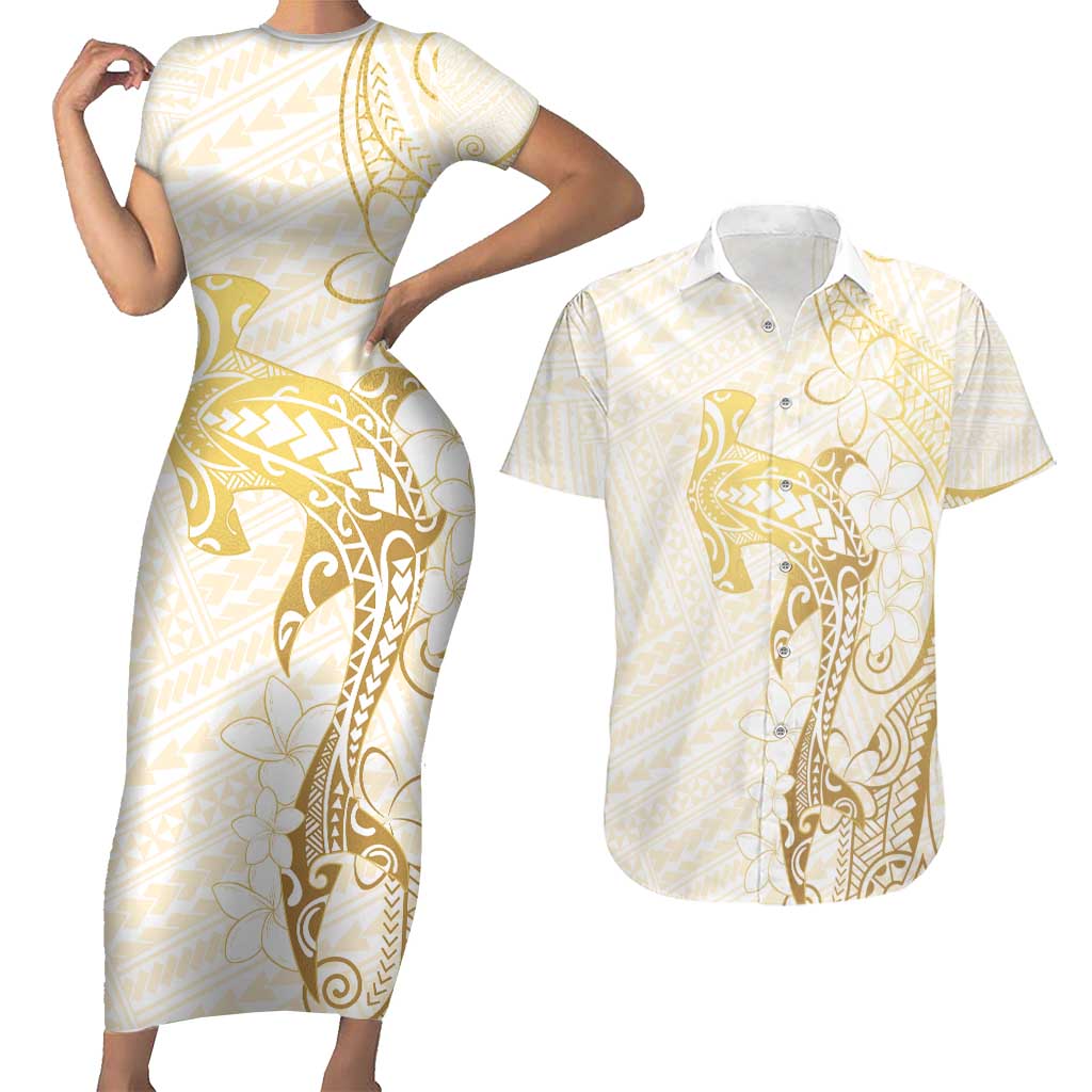 Gold and White Hawaii Couples Matching Short Sleeve Bodycon Dress and Hawaiian Shirt Hammerhead Shark Tattoo Curve Polynesian LT14 White - Polynesian Pride