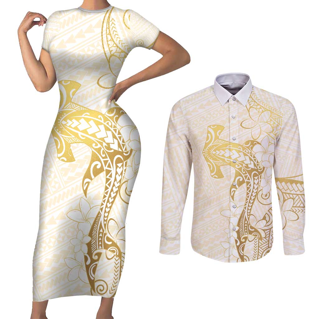 Gold and White Hawaii Couples Matching Short Sleeve Bodycon Dress and Long Sleeve Button Shirt Hammerhead Shark Tattoo Curve Polynesian LT14 White - Polynesian Pride