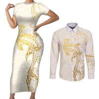 Gold and White Hawaii Couples Matching Short Sleeve Bodycon Dress and Long Sleeve Button Shirt Hammerhead Shark Tattoo Curve Polynesian LT14 White - Polynesian Pride