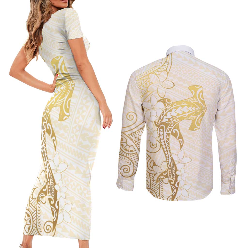 Gold and White Hawaii Couples Matching Short Sleeve Bodycon Dress and Long Sleeve Button Shirt Hammerhead Shark Tattoo Curve Polynesian LT14 - Polynesian Pride