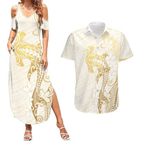 Gold and White Hawaii Couples Matching Summer Maxi Dress and Hawaiian Shirt Hammerhead Shark Tattoo Curve Polynesian LT14 White - Polynesian Pride