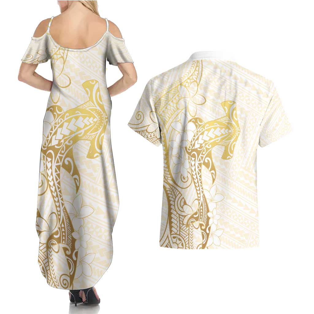 Gold and White Hawaii Couples Matching Summer Maxi Dress and Hawaiian Shirt Hammerhead Shark Tattoo Curve Polynesian LT14 - Polynesian Pride