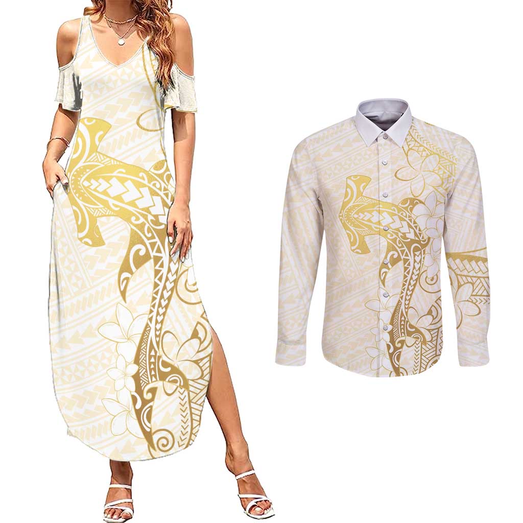 Gold and White Hawaii Couples Matching Summer Maxi Dress and Long Sleeve Button Shirt Hammerhead Shark Tattoo Curve Polynesian LT14 White - Polynesian Pride