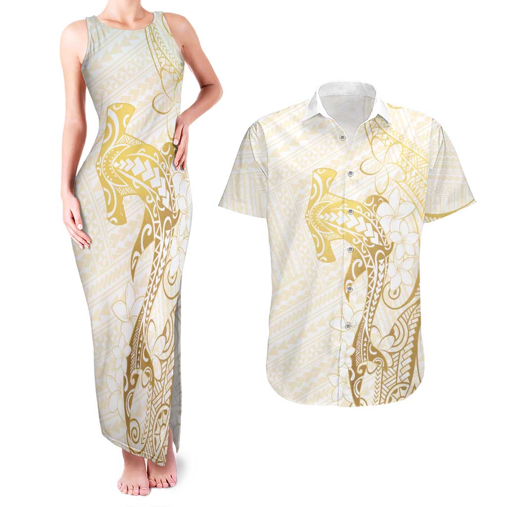 Gold and White Hawaii Couples Matching Tank Maxi Dress and Hawaiian Shirt Hammerhead Shark Tattoo Curve Polynesian LT14 White - Polynesian Pride