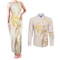 Gold and White Hawaii Couples Matching Tank Maxi Dress and Long Sleeve Button Shirt Hammerhead Shark Tattoo Curve Polynesian LT14 White - Polynesian Pride