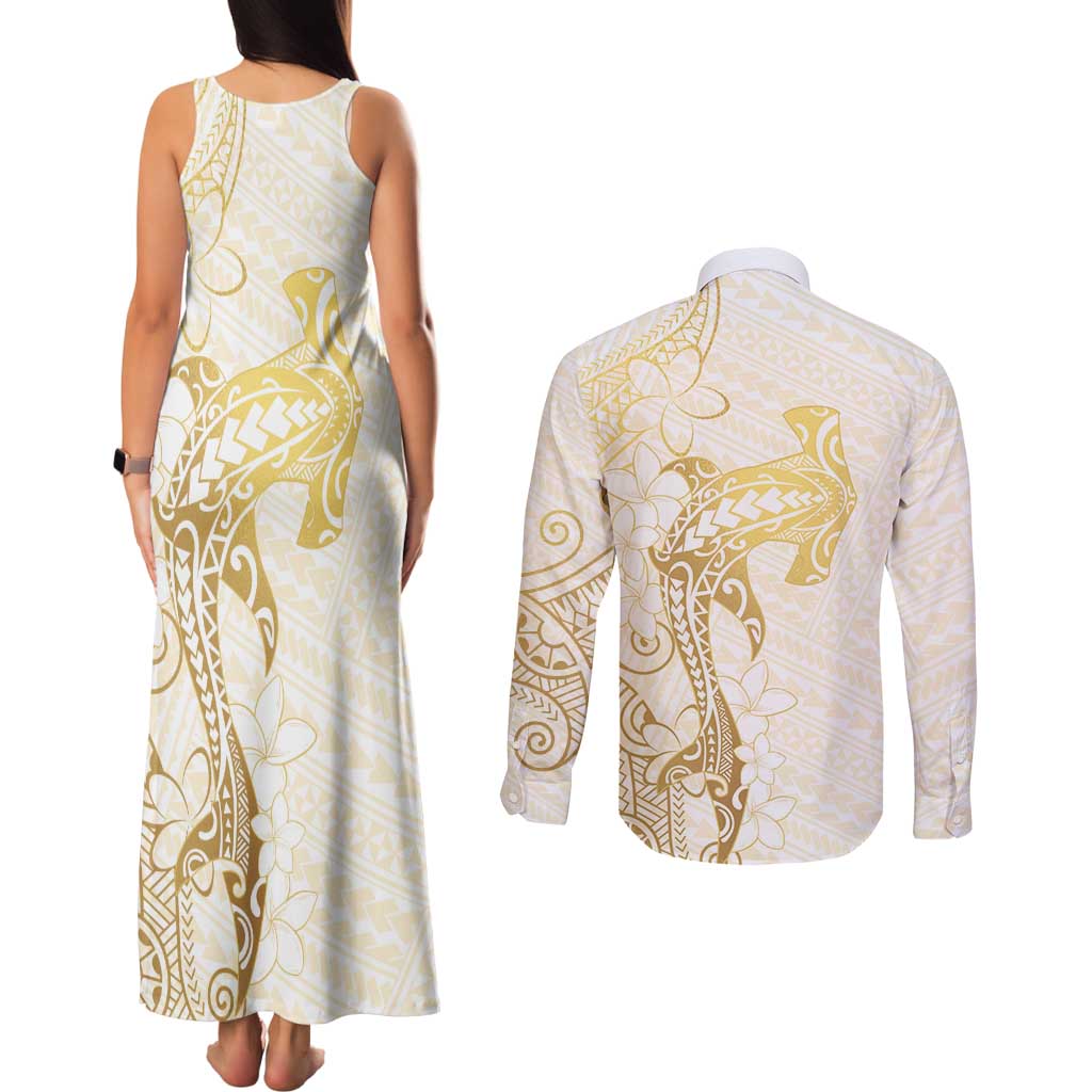 Gold and White Hawaii Couples Matching Tank Maxi Dress and Long Sleeve Button Shirt Hammerhead Shark Tattoo Curve Polynesian LT14 - Polynesian Pride