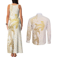 Gold and White Hawaii Couples Matching Tank Maxi Dress and Long Sleeve Button Shirt Hammerhead Shark Tattoo Curve Polynesian LT14 - Polynesian Pride