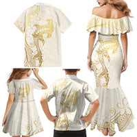 Gold and White Hawaii Family Matching Mermaid Dress and Hawaiian Shirt Hammerhead Shark Tattoo Curve Polynesian LT14 - Polynesian Pride