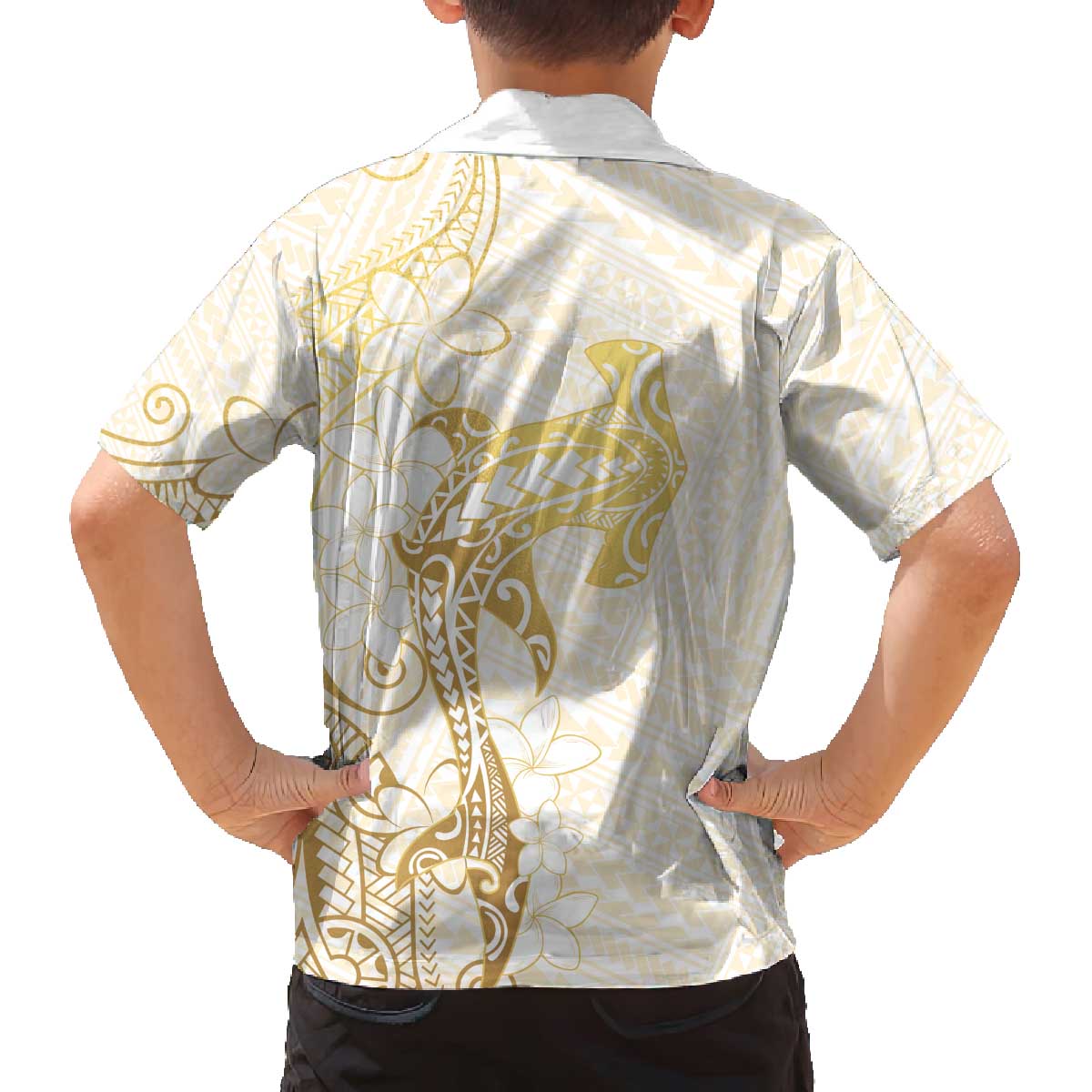 Gold and White Hawaii Family Matching Off The Shoulder Long Sleeve Dress and Hawaiian Shirt Hammerhead Shark Tattoo Curve Polynesian LT14 - Polynesian Pride