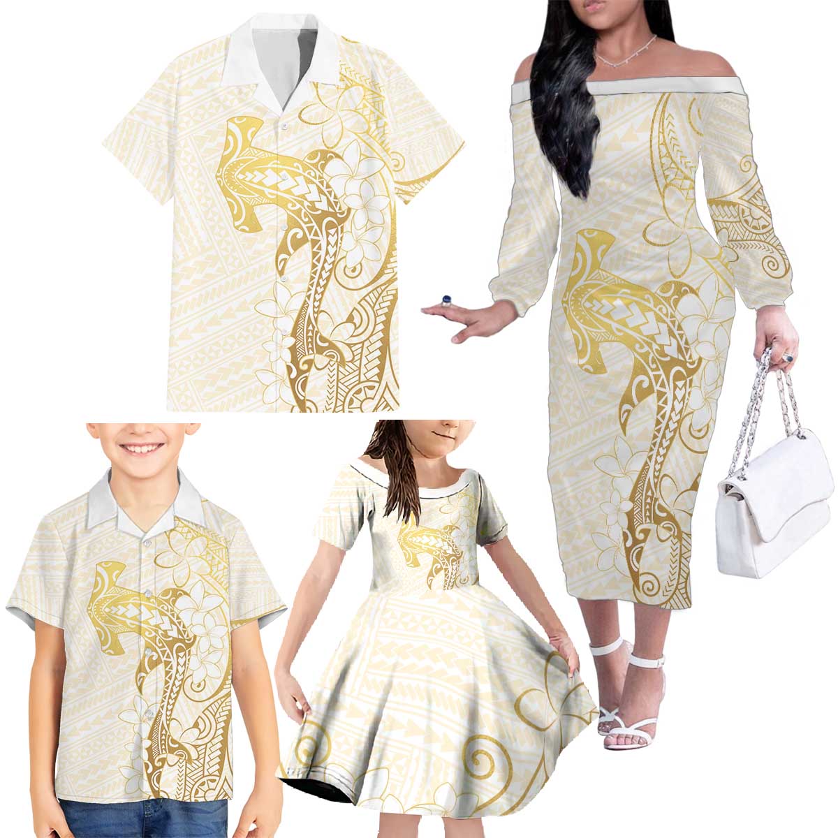 Gold and White Hawaii Family Matching Off The Shoulder Long Sleeve Dress and Hawaiian Shirt Hammerhead Shark Tattoo Curve Polynesian LT14 - Polynesian Pride
