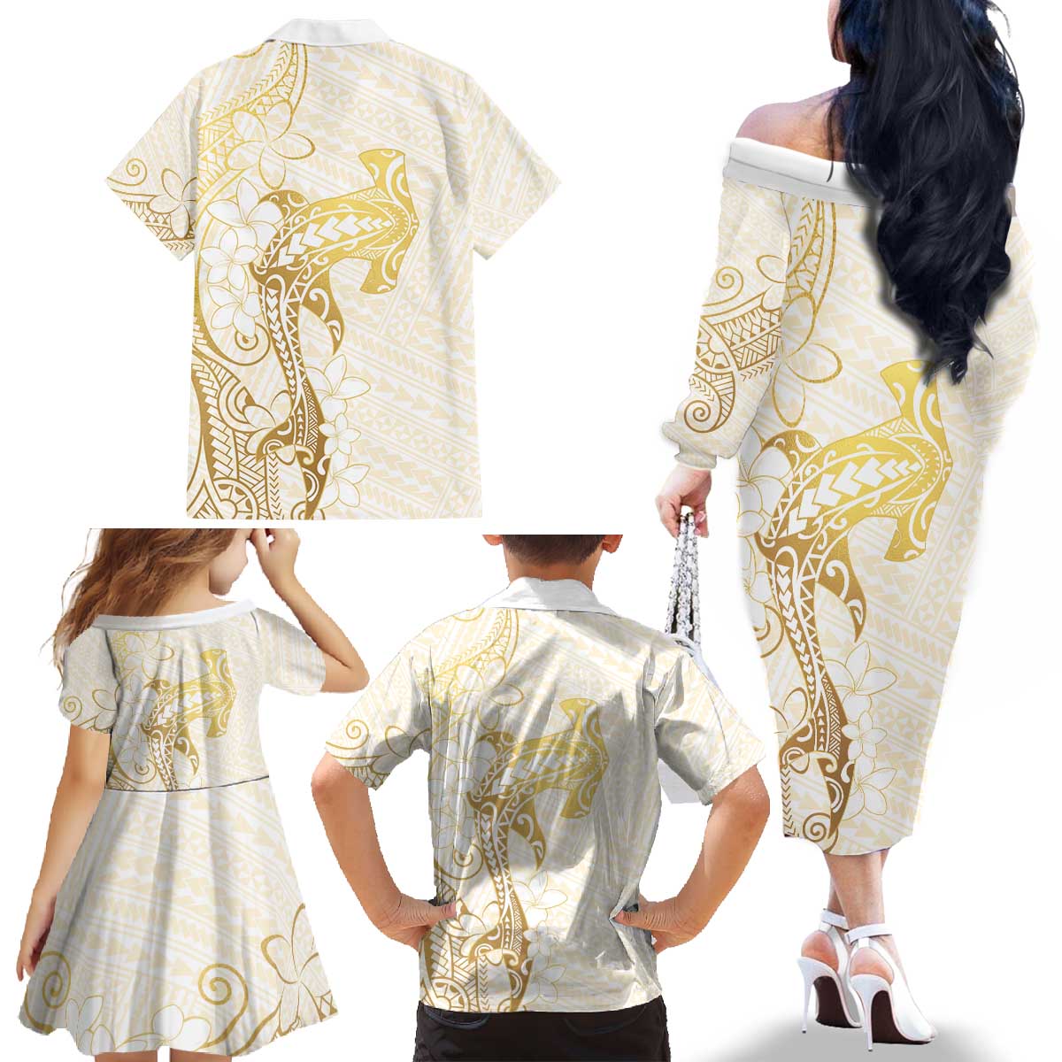 Gold and White Hawaii Family Matching Off The Shoulder Long Sleeve Dress and Hawaiian Shirt Hammerhead Shark Tattoo Curve Polynesian LT14 - Polynesian Pride