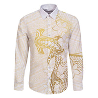 Gold and White Hawaii Family Matching Off Shoulder Maxi Dress and Hawaiian Shirt Hammerhead Shark Tattoo Curve Polynesian LT14 Dad's Shirt - Long Sleeve White - Polynesian Pride
