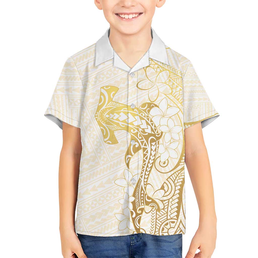 Gold and White Hawaii Family Matching Off Shoulder Maxi Dress and Hawaiian Shirt Hammerhead Shark Tattoo Curve Polynesian LT14 Son's Shirt White - Polynesian Pride