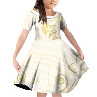 Gold and White Hawaii Family Matching Off Shoulder Short Dress and Hawaiian Shirt Hammerhead Shark Tattoo Curve Polynesian LT14 Daughter's Dress White - Polynesian Pride