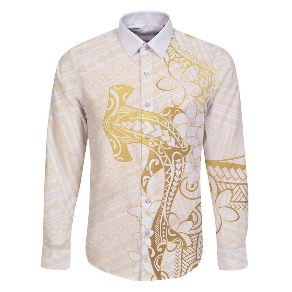 Gold and White Hawaii Family Matching Puletasi and Hawaiian Shirt Hammerhead Shark Tattoo Curve Polynesian LT14 Dad's Shirt - Long Sleeve White - Polynesian Pride