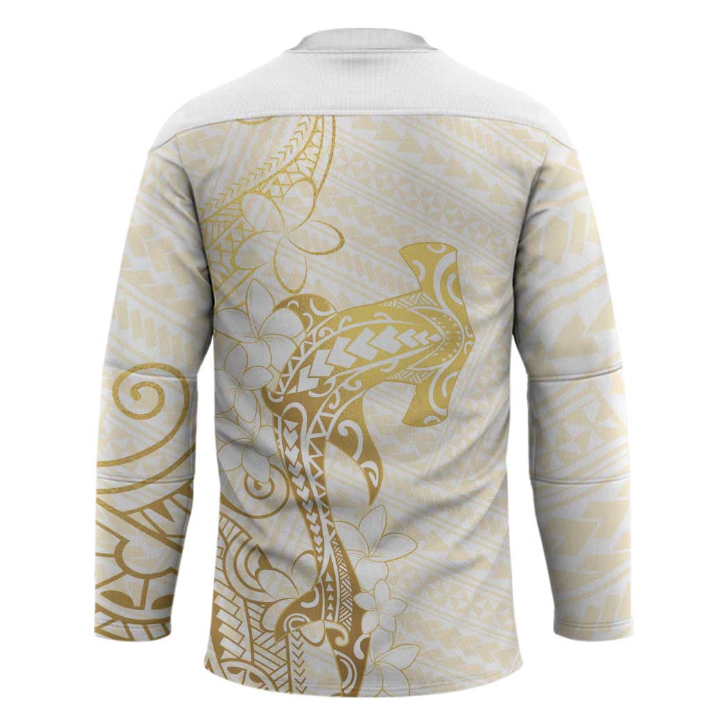 Gold and White Hawaii Hockey Jersey Hammerhead Shark Tattoo Curve Polynesian - Polynesian Pride