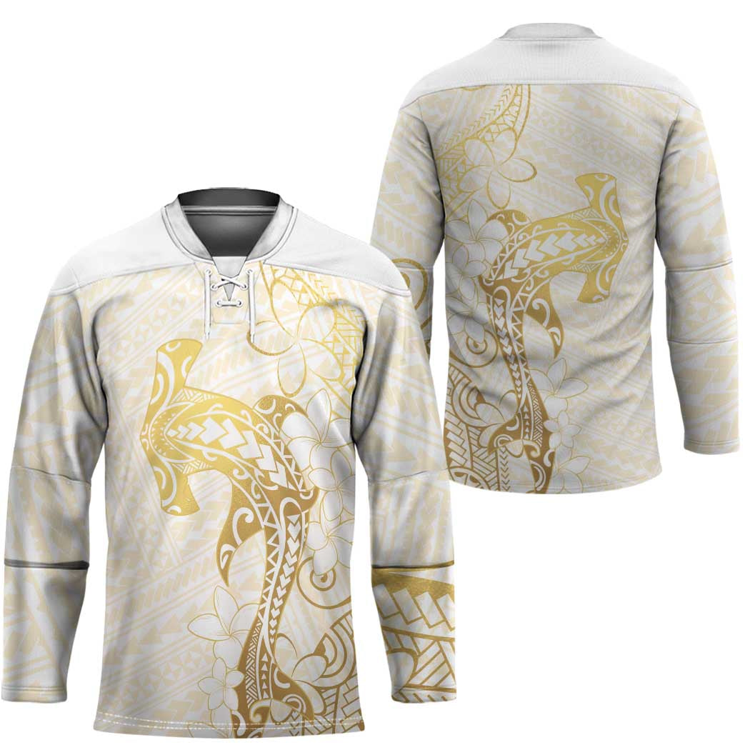 Gold and White Hawaii Hockey Jersey Hammerhead Shark Tattoo Curve Polynesian - Polynesian Pride
