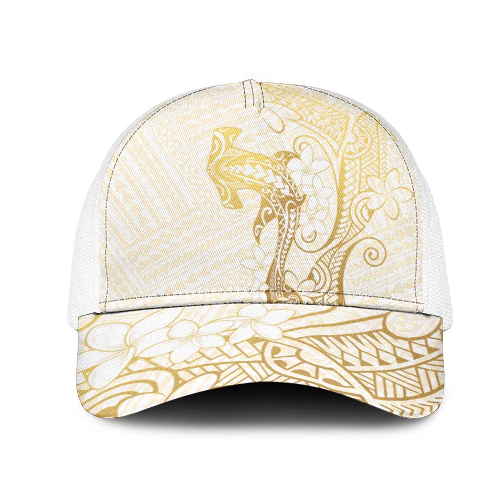 Gold and White Hawaii Mesh Trucker Cap Hammerhead Shark Tattoo Curve Polynesian - Polynesian Pride