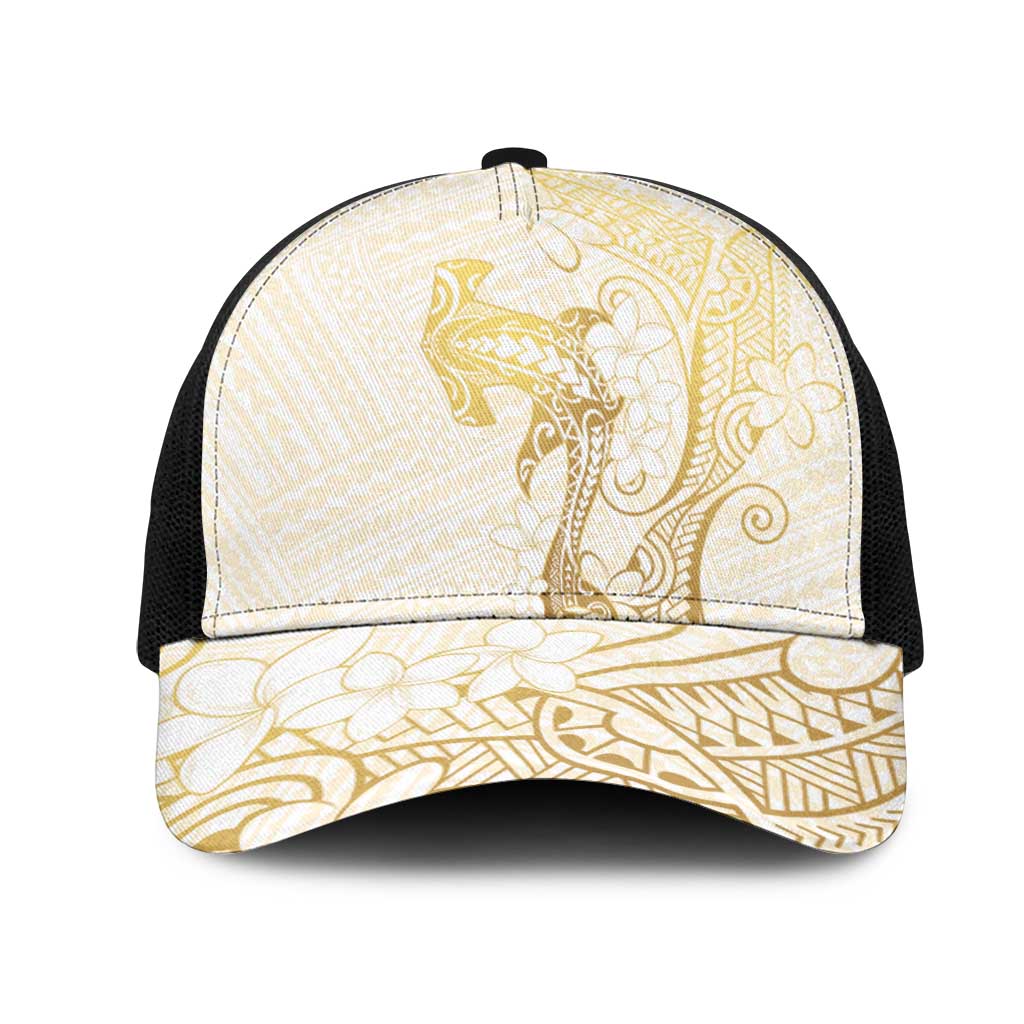 Gold and White Hawaii Mesh Trucker Cap Hammerhead Shark Tattoo Curve Polynesian LT14 One Size Black White - Polynesian Pride