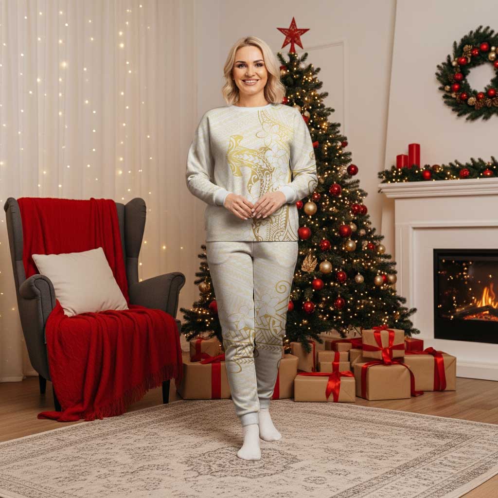 Gold and White Hawaii Christmas Pajama Set Hammerhead Shark Tattoo Curve Polynesian - Polynesian Pride