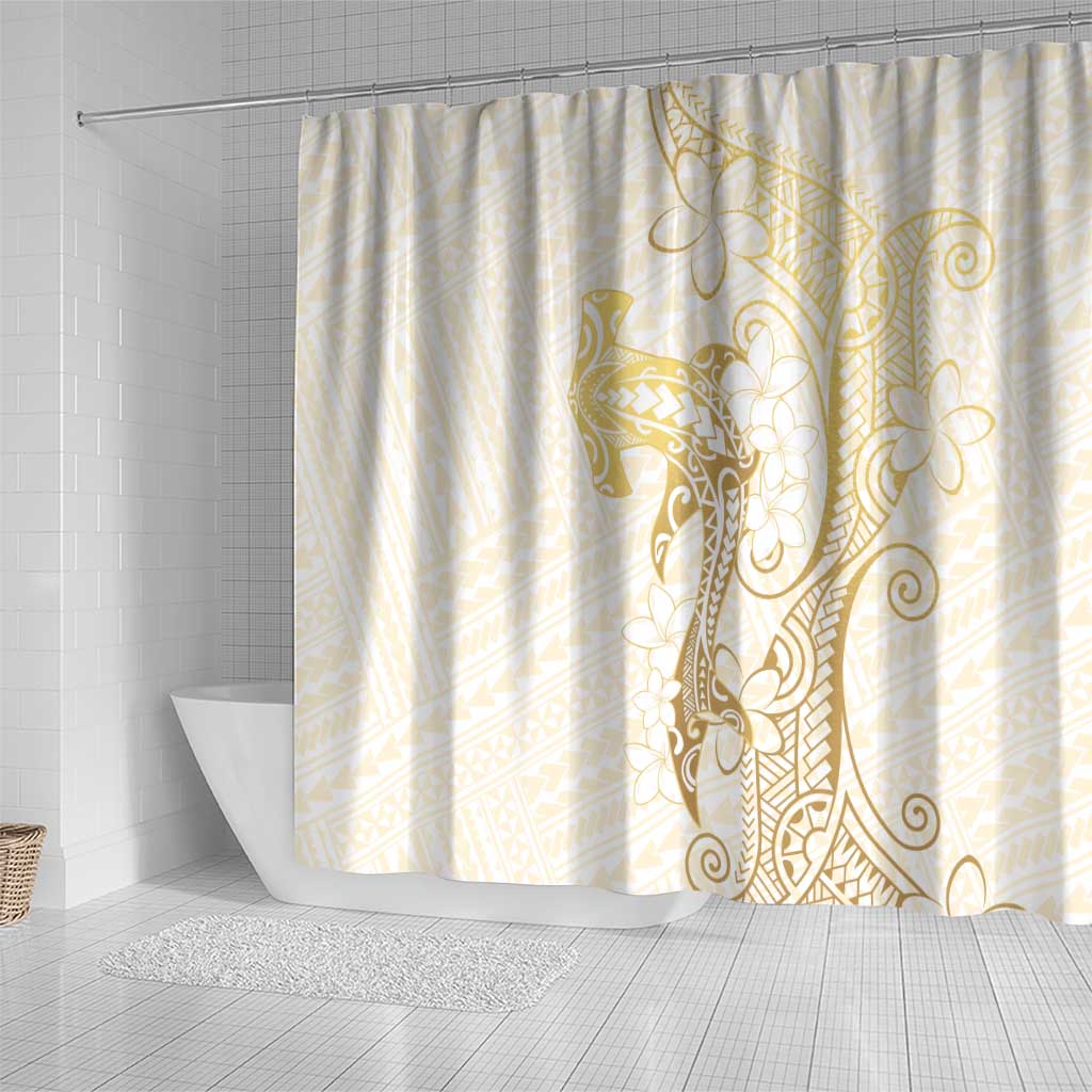 Gold and White Hawaii Shower Curtain Hammerhead Shark Tattoo Curve Polynesian - Polynesian Pride